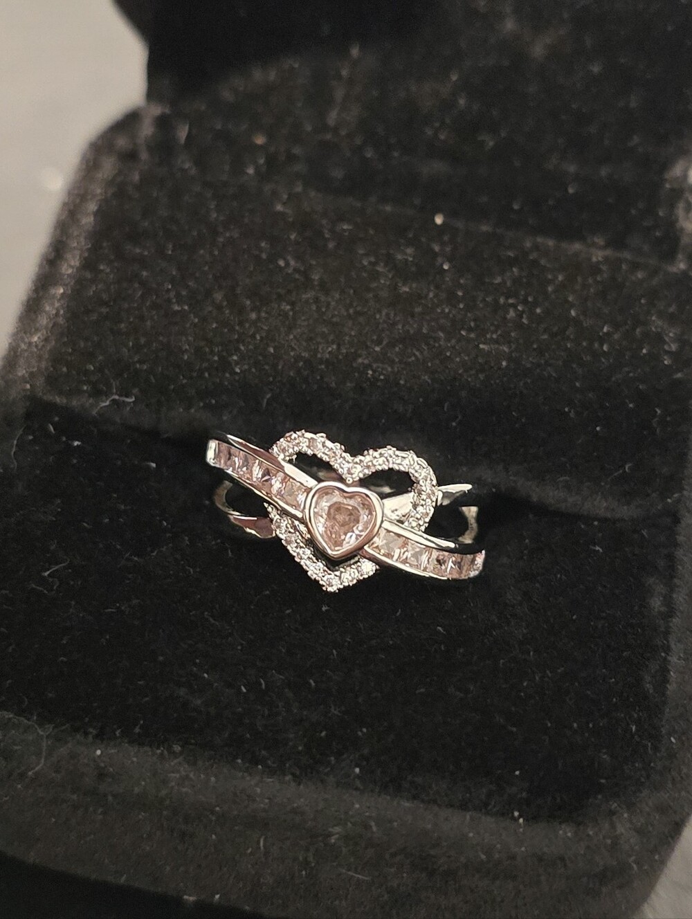 Pink Heart Ring Size 7 Silver Tone CZ Sapphire Engagement Wedding Promise Gift